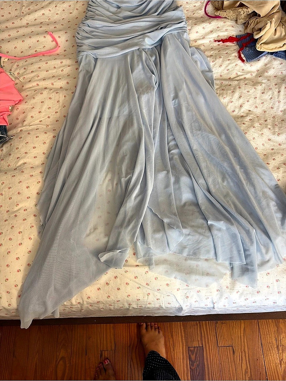 Light Blue Ruched Strapless Maxi Dress - Picture 3 of 5